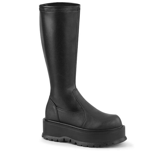 Demonia Women's Slacker-200 Knee High Platform Boots - Black Str Vegan Leather D5421-03US Clearance